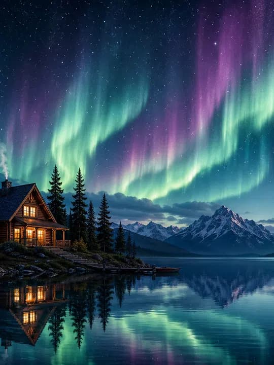 Aurora lake cabin Kindle screensaver idea in a travel aesthetic, cropped for a portrait e-ink lock screen.