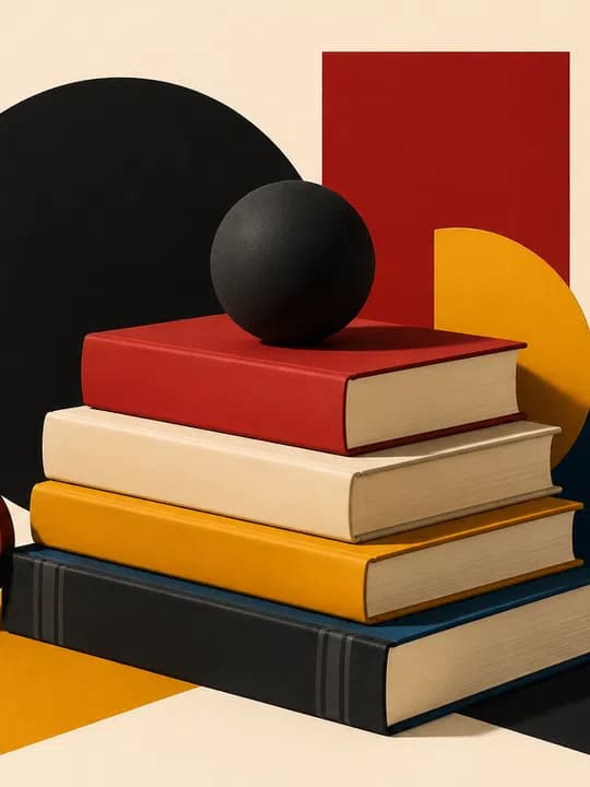 Bauhaus book stack Kindle screensaver idea in a minimal aesthetic, cropped for a portrait e-ink lock screen.