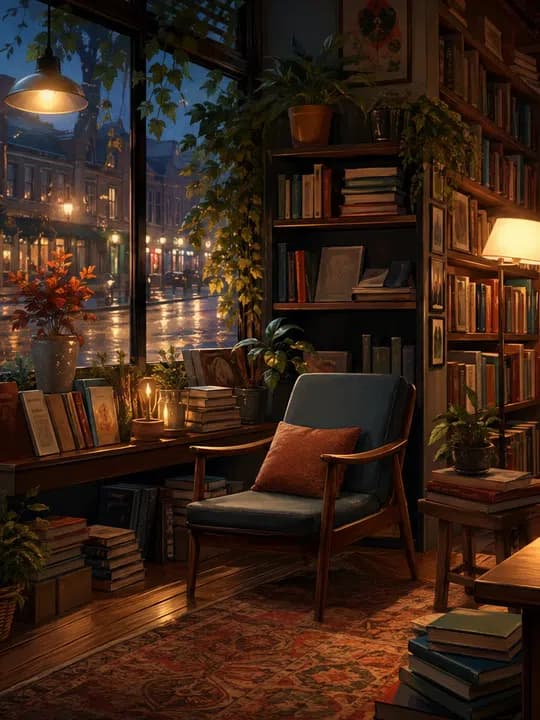 After-hours bookstore Kindle screensaver idea in a bookish aesthetic, cropped for a portrait e-ink lock screen.