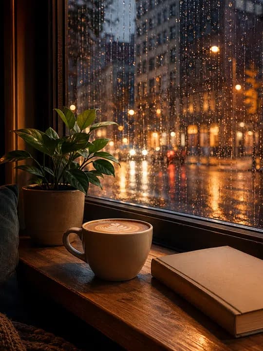 Coffee shop window Kindle screensaver idea in a cozy aesthetic, cropped for a portrait e-ink lock screen.