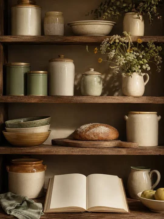 Cottagecore pantry Kindle screensaver idea in a cozy aesthetic, cropped for a portrait e-ink lock screen.