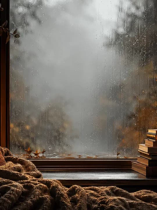 Cozy rain window Kindle screensaver idea in a cozy aesthetic, cropped for a portrait e-ink lock screen.