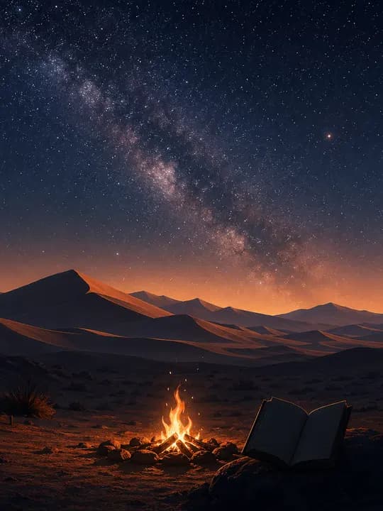 Desert night campfire Kindle screensaver idea in a adventure aesthetic, cropped for a portrait e-ink lock screen.