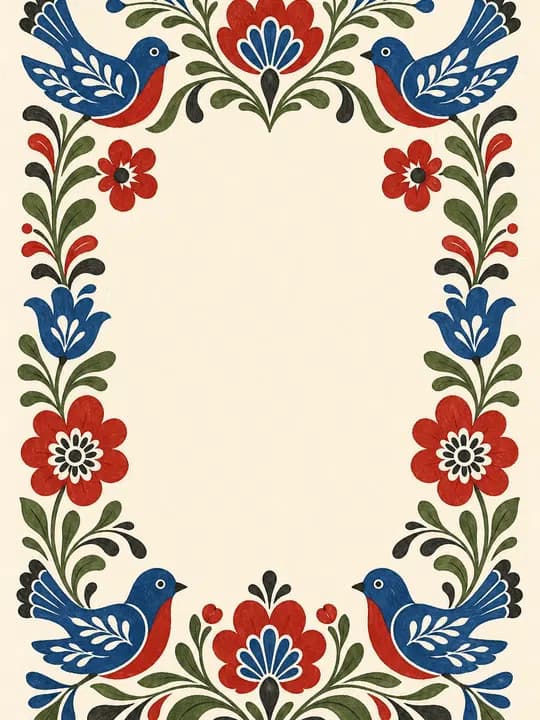 Folk art birds Kindle screensaver idea in a folk aesthetic, cropped for a portrait e-ink lock screen.