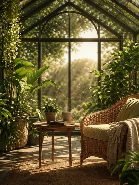 Greenhouse reading nook Kindle screensaver idea in a botanical aesthetic, cropped for a portrait e-ink lock screen.