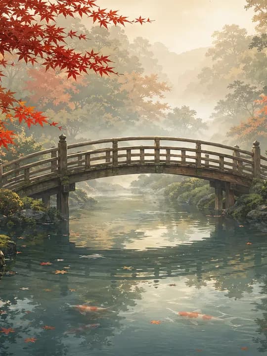 Quiet garden bridge Kindle screensaver idea in a calm aesthetic, cropped for a portrait e-ink lock screen.