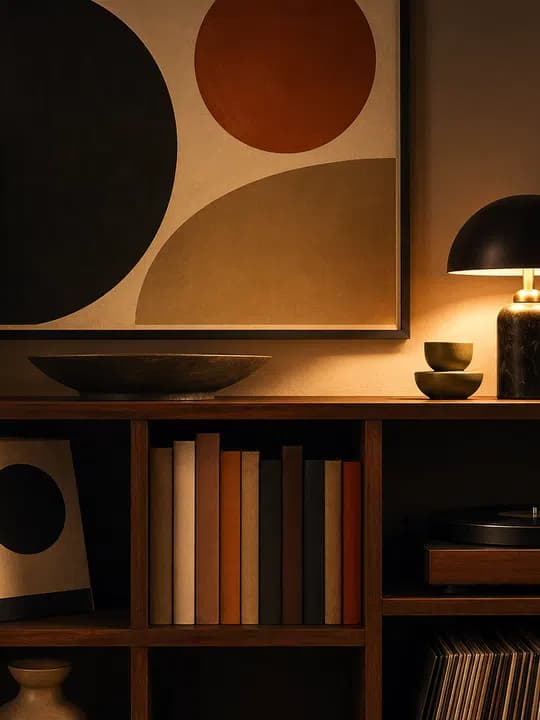 Jazz records and books Kindle screensaver idea in a interior aesthetic, cropped for a portrait e-ink lock screen.