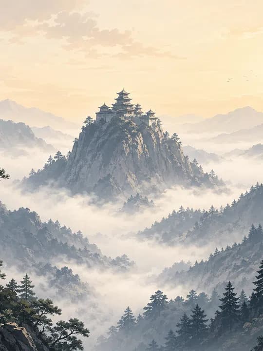 Misty mountain temple Kindle screensaver idea in a calm aesthetic, cropped for a portrait e-ink lock screen.