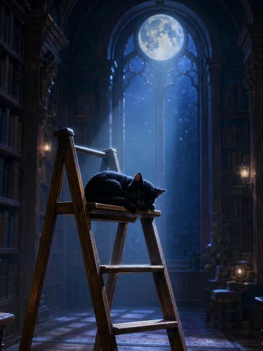 Moonlit library cat Kindle screensaver idea in a bookish aesthetic, cropped for a portrait e-ink lock screen.