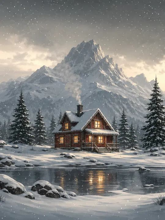 Nordic cabin snow Kindle screensaver idea in a seasonal aesthetic, cropped for a portrait e-ink lock screen.