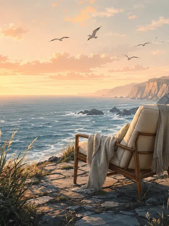 Ocean cliff reading spot Kindle screensaver idea in a travel aesthetic, cropped for a portrait e-ink lock screen.