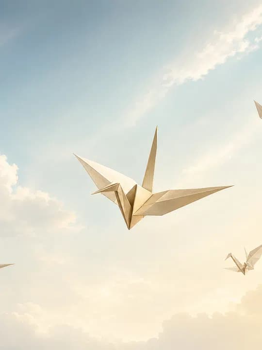 Paper cranes sky Kindle screensaver idea in a minimal aesthetic, cropped for a portrait e-ink lock screen.
