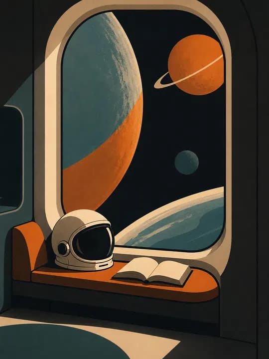 Retro space reader Kindle screensaver idea in a sci-fi aesthetic, cropped for a portrait e-ink lock screen.