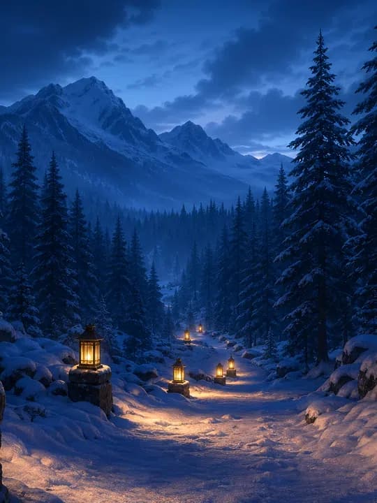 Snowy lantern path Kindle screensaver idea in a seasonal aesthetic, cropped for a portrait e-ink lock screen.