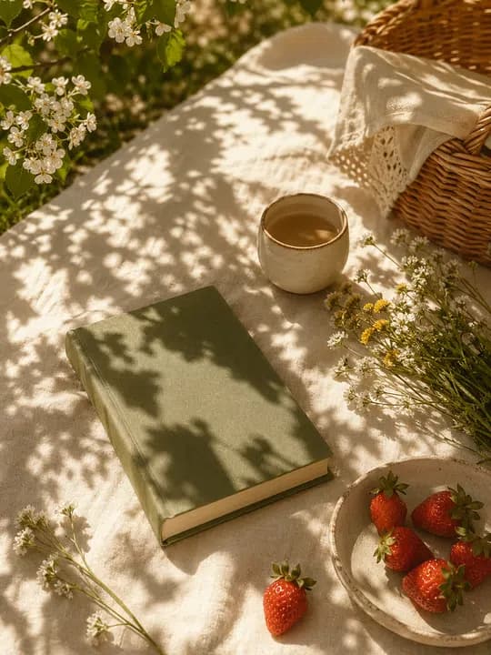 Spring picnic books Kindle screensaver idea in a seasonal aesthetic, cropped for a portrait e-ink lock screen.