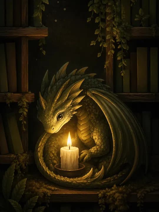 Tiny dragon library Kindle screensaver idea in a whimsical aesthetic, cropped for a portrait e-ink lock screen.