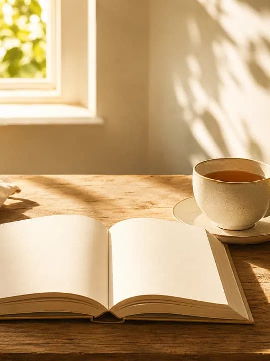 Sunlit tea kitchen Kindle screensaver idea in a cozy aesthetic, cropped for a portrait e-ink lock screen.