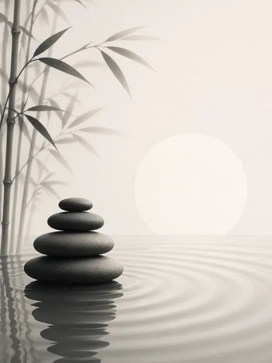 Zen stone ripple Kindle screensaver idea in a calm aesthetic, cropped for a portrait e-ink lock screen.