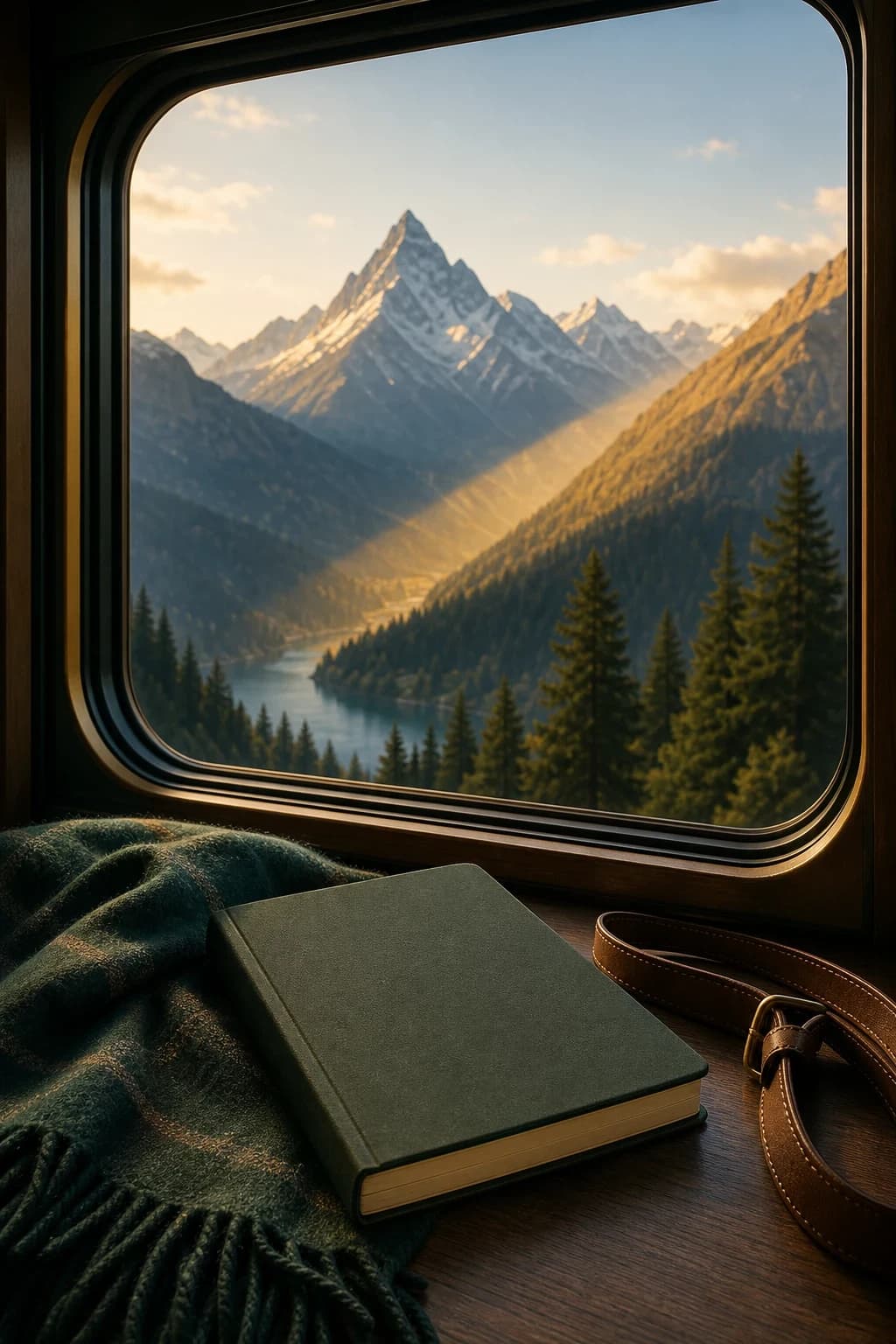 A blank journal and wool scarf sit beside a train window looking toward alpine light.