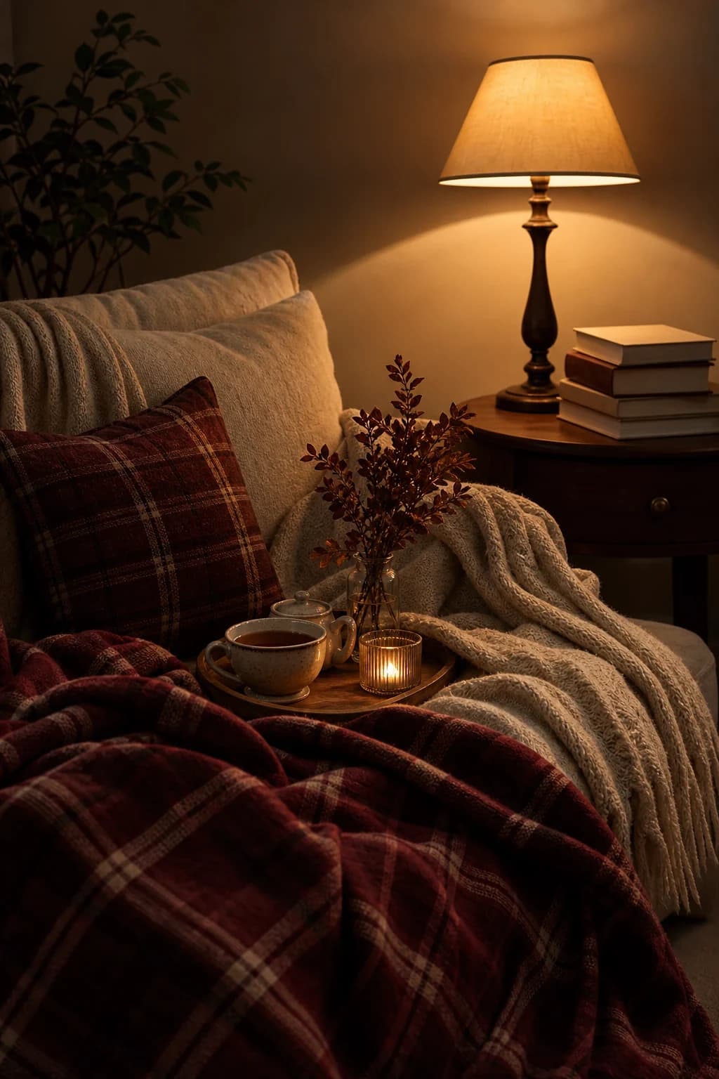 A warm lamp, plaid blanket, tea tray, and blank books create a cozy reading nest.