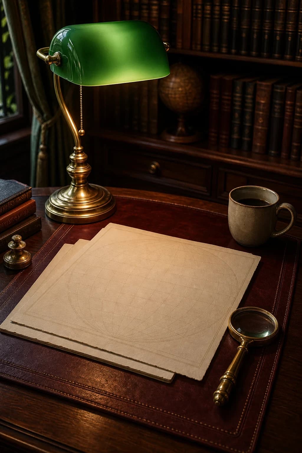 An emerald lamp and brass desk objects sit on a walnut literary still life.
