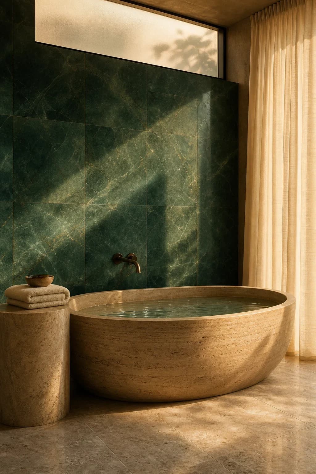 A jade stone bath window scene with linen, water reflection, and a travertine basin.