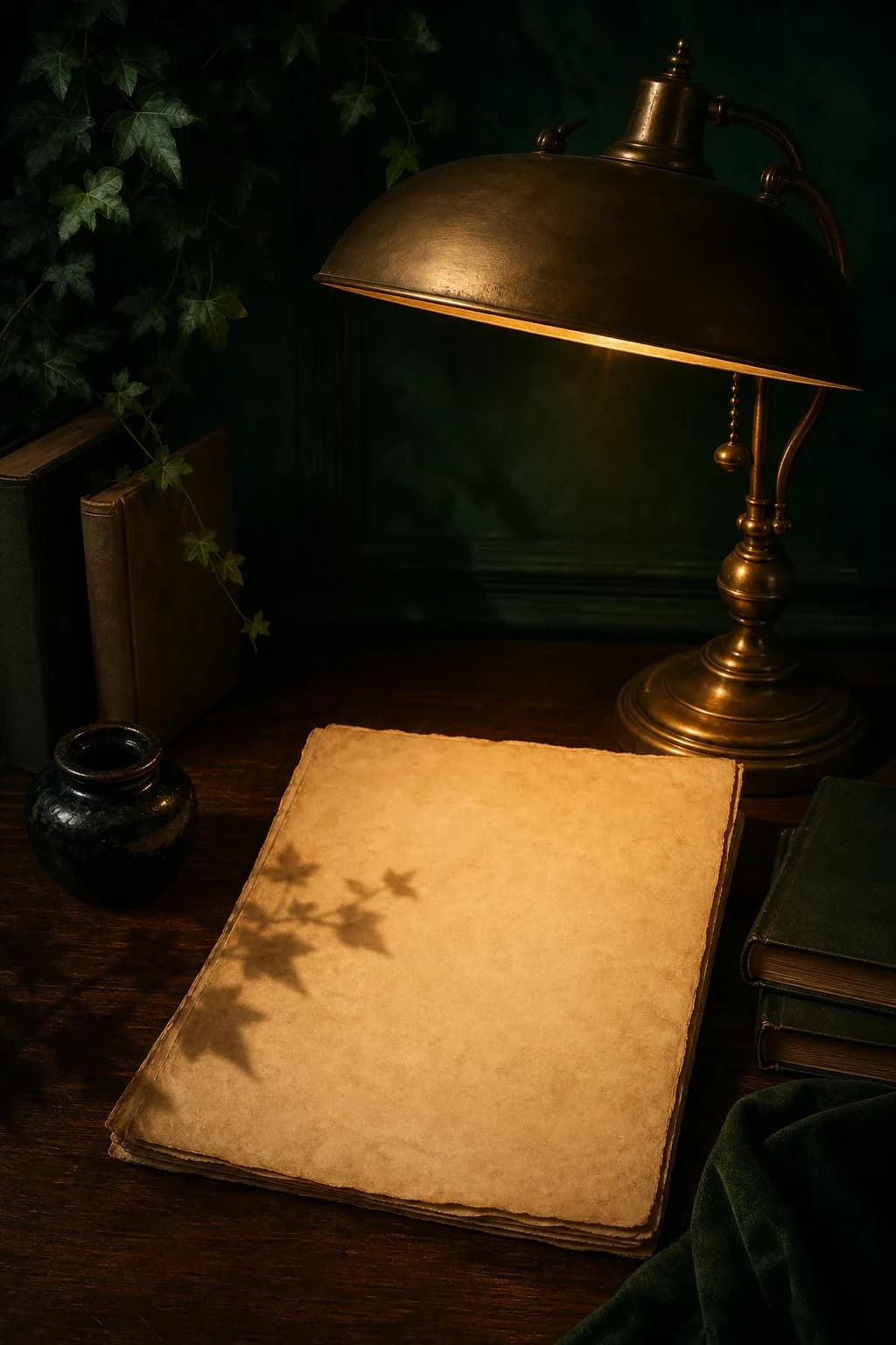A brass lamp lighting blank vellum pages on a dark academia desk.