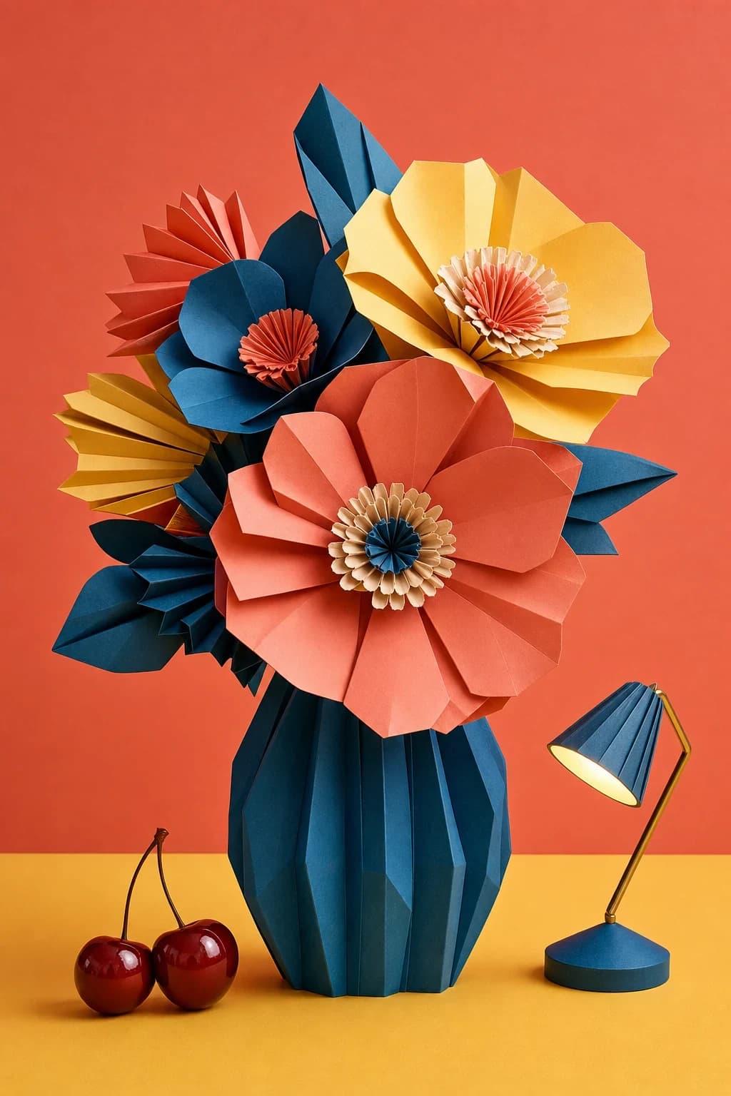 Portrait elevated dopamine paper-craft collage Kindle screensaver source art featuring oversized folded paper flowers, lacquered cherries, sculptural lamp, colored tabletop.
