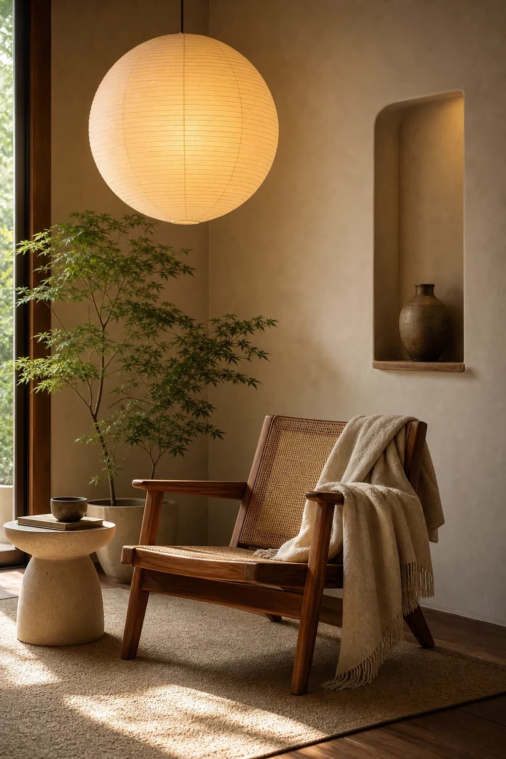 Portrait Architectural Digest Japandi interior Kindle screensaver source art featuring low walnut chair, glowing paper lantern, linen throw, ceramic side table, window light.