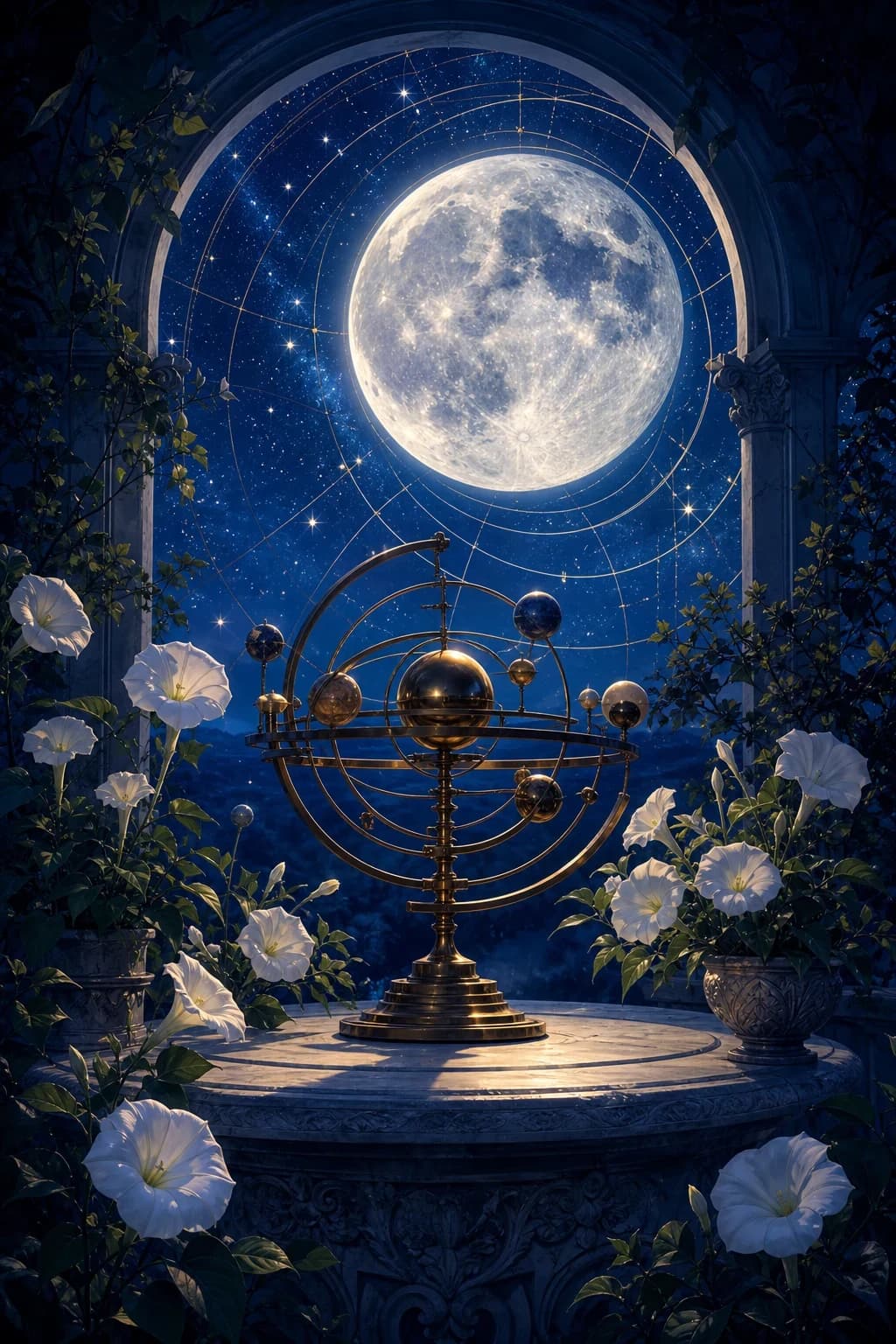 A brass orrery and moonflowers under a large glowing moon disk.