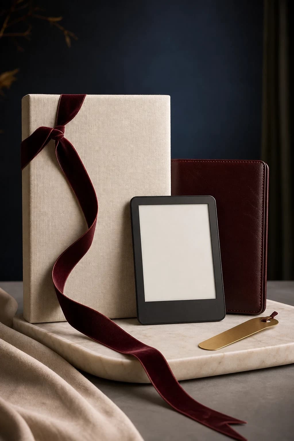 Portrait quiet luxury personalized gifting frame Kindle screensaver source art featuring wrapped linen gift box, Kindle-shaped blank object, leather folio, brass bookmark shape, marble tray.