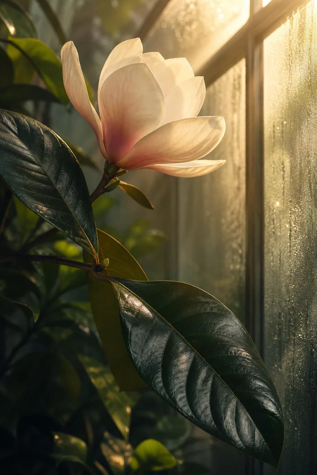 Portrait botanical conservatory close-up Kindle screensaver source art featuring single magnolia blossom, waxy emerald leaves, steamed greenhouse glass, sunbeam.