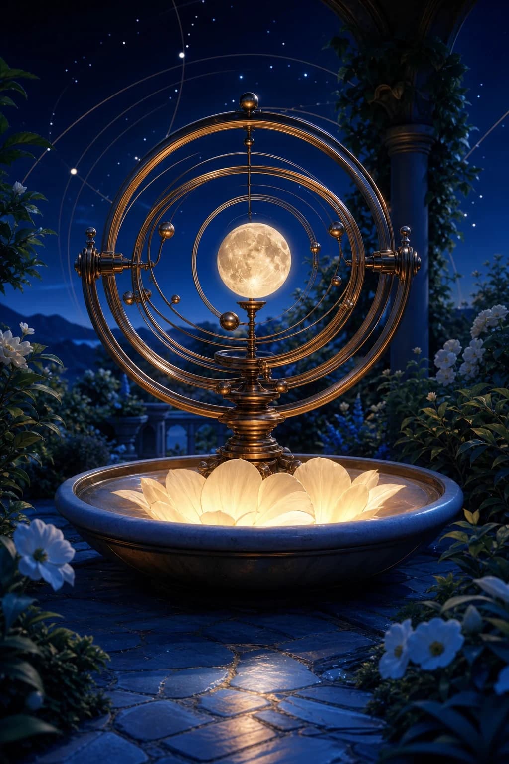 A copper orrery and glowing moonflower basin sit in a cobalt garden observatory.