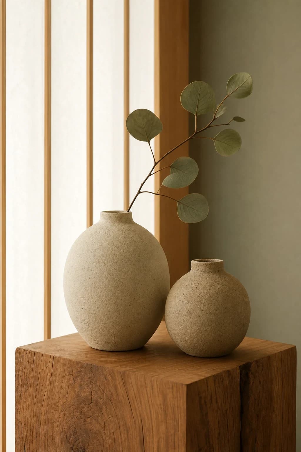 Two oat ceramic vessels on a warm wood plinth in soft window light.
