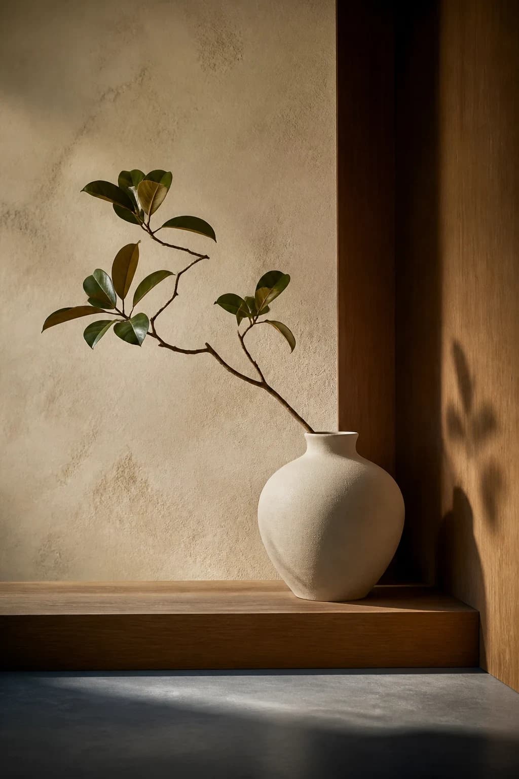 A pale ceramic vessel and single branch sit inside a warm wood alcove.