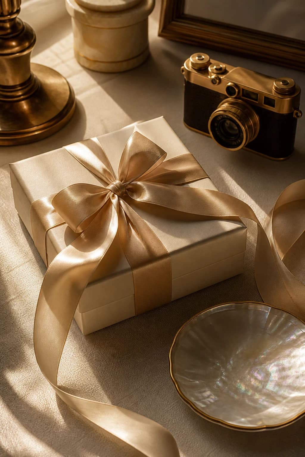 A champagne ribboned parcel, opal tray, and brass camera sit on an ivory linen desk.