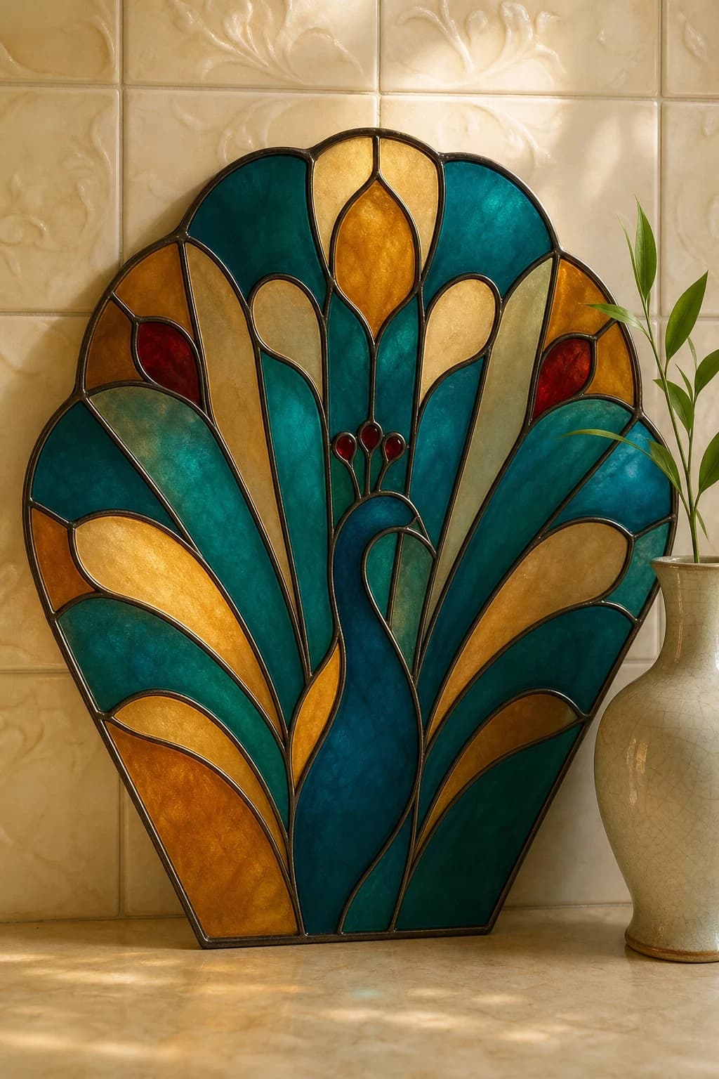 A peacock-inspired stained glass fan panel leaning against ceramic tile.