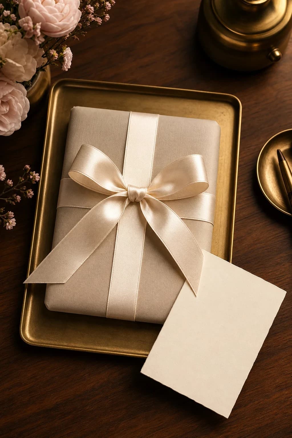 A pearl ribbon wrapped parcel on a walnut desk with brass heirloom objects.