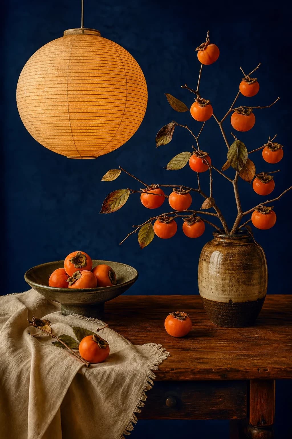 A persimmon branch, lantern globe, ceramic bowl, and linen table create a modern harvest scene.