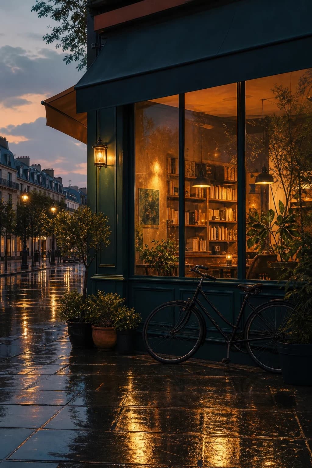 Portrait rainwashed city reading cafe exterior Kindle screensaver source art featuring warm cafe facade after rain, window reflection blocks, bicycle silhouette, potted plants.