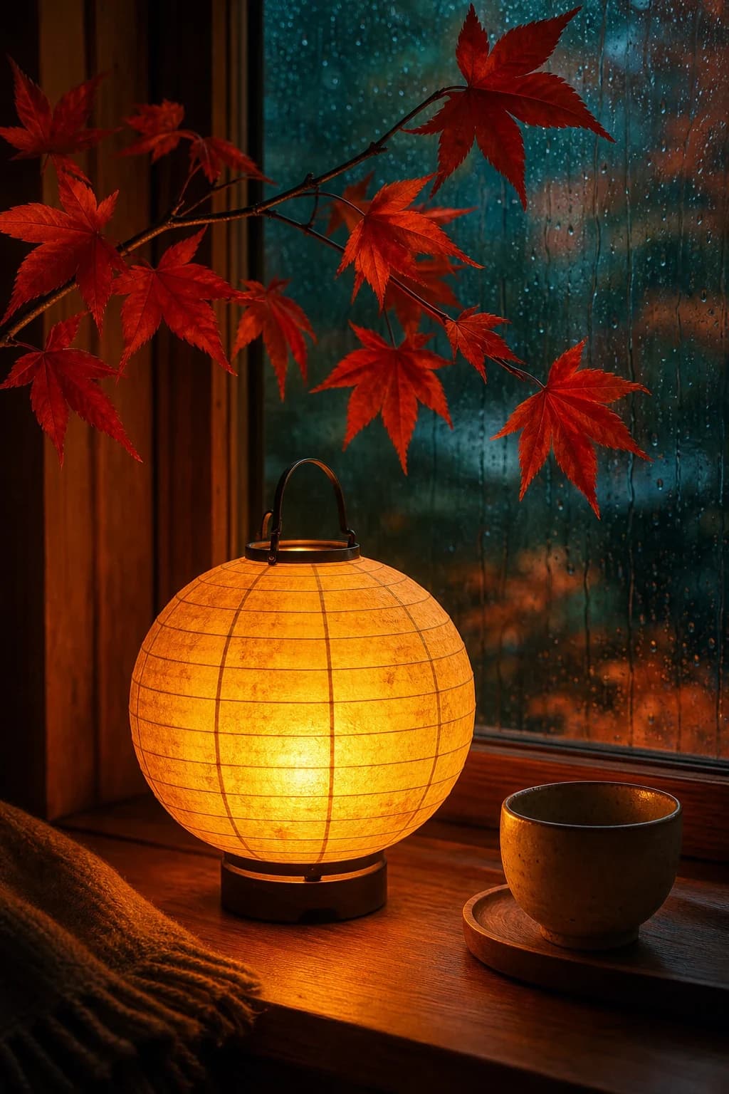 A glowing saffron lantern beside a rainy window and red maple leaves.