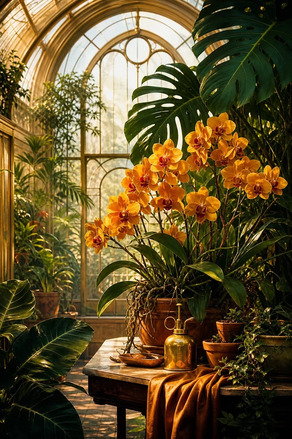 Saffron orchids and emerald leaves arranged beneath a warm glasshouse arch.