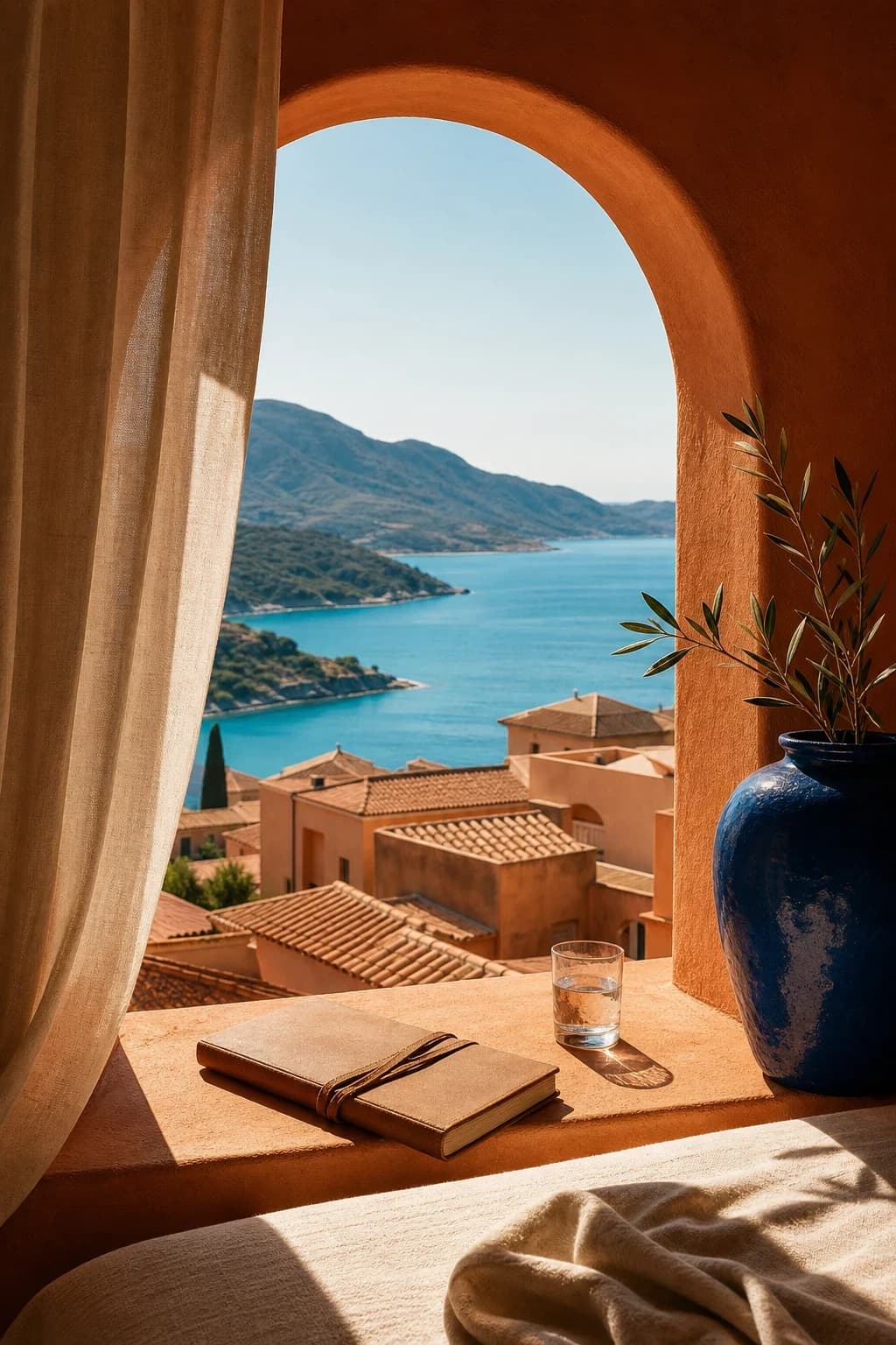 Portrait boutique travel editorial Kindle screensaver source art featuring sunlit arched hotel window, terracotta rooftops, blue bay, linen curtain and ceramic vase.