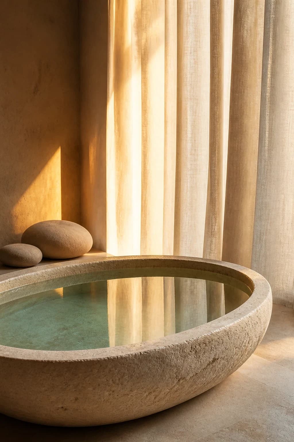 A travertine water basin beside cream linen curtains in warm light.