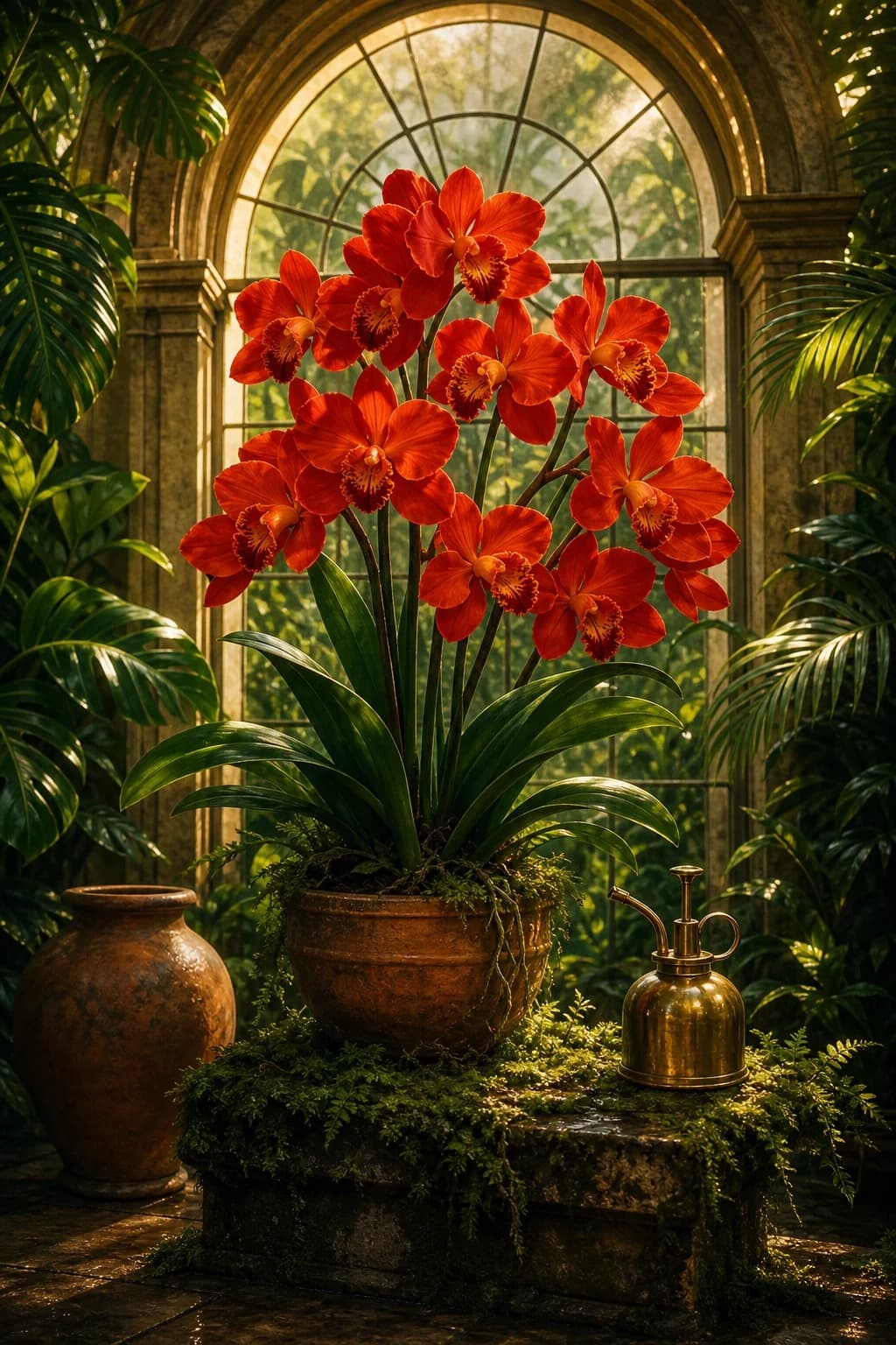Vermilion orchids on a moss plinth beneath an arched conservatory window.