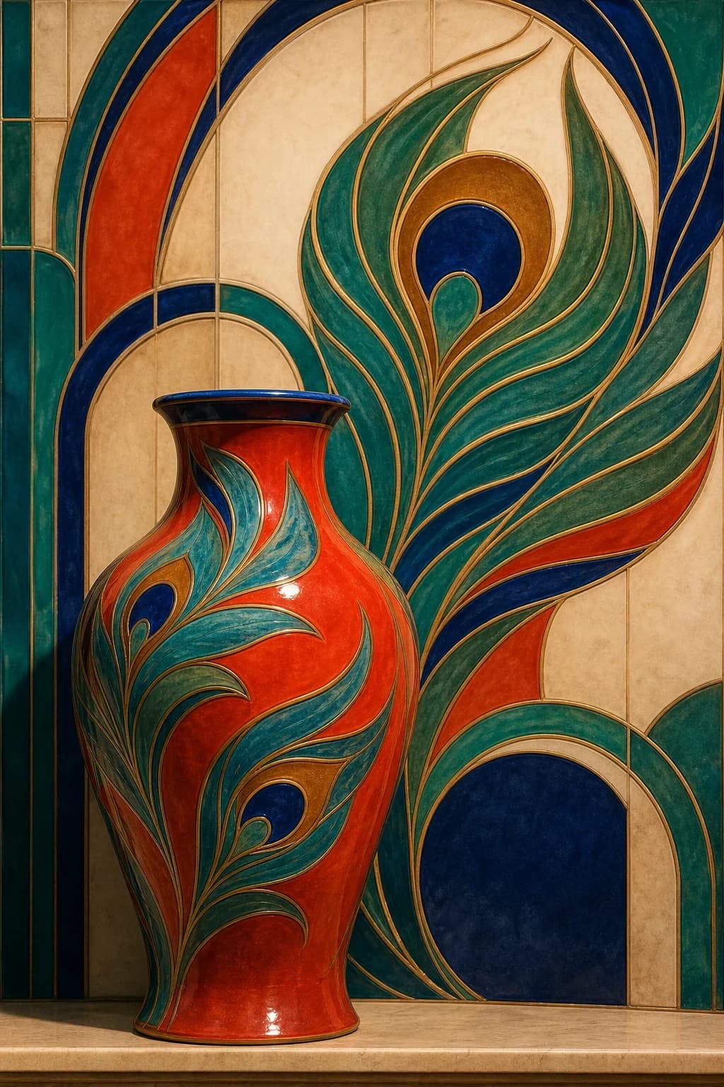 A vermilion and teal art-nouveau tile panel frames a ceramic vase.